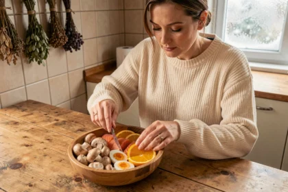 Femme arrangeant des aliments riches en vitamine D comme des champignons, du saumon et des œufs dans une cuisine rustique en hiver