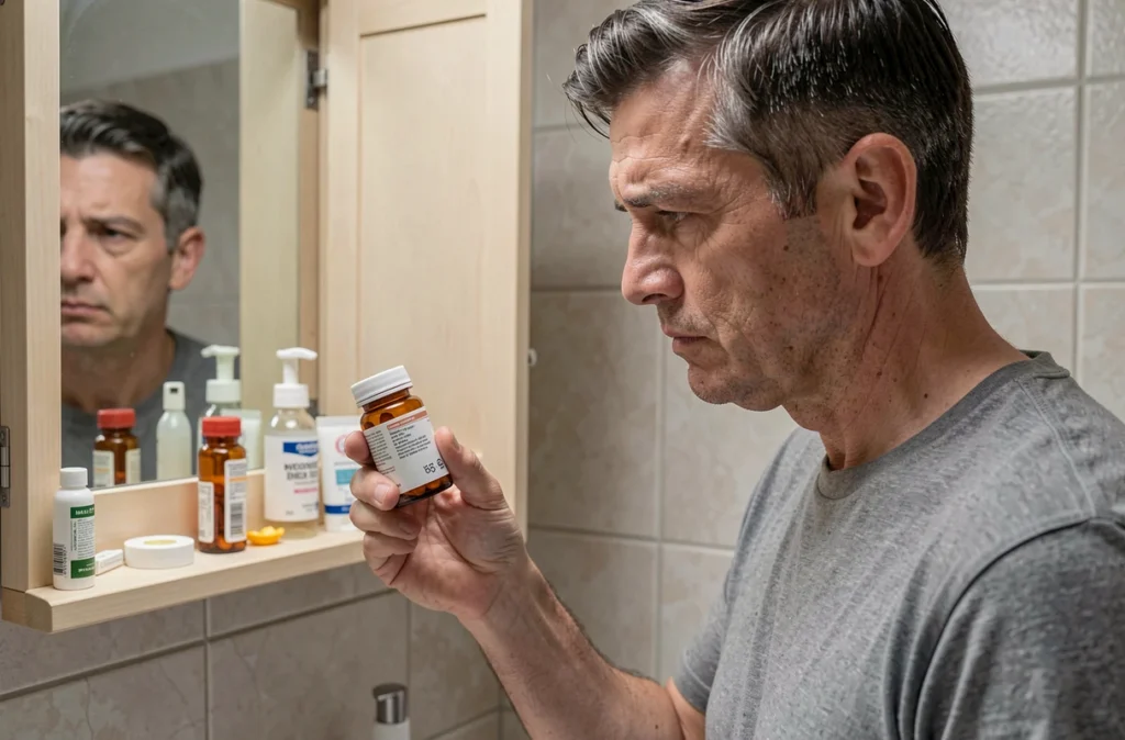 Personne tenant un flacon de médicaments avec une expression indécise, illustrant les pressions autour de l'arrêt du traitement bipolaire