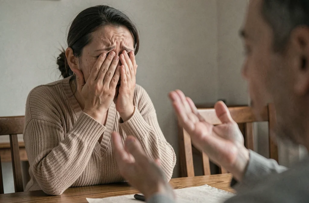 Femme en larmes face à un interlocuteur qui minimise sa souffrance, illustrant la phrase blessante 'arrête ton cinéma'
