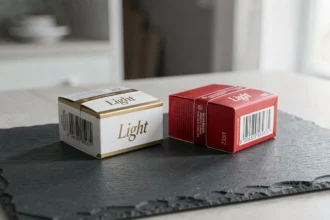 Deux paquets de cigarettes côte à côte sur une surface en ardoise, comparaison visuelle entre version légère dorée et version rouge classique