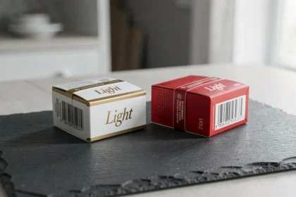 Deux paquets de cigarettes côte à côte sur une surface en ardoise, comparaison visuelle entre version légère dorée et version rouge classique