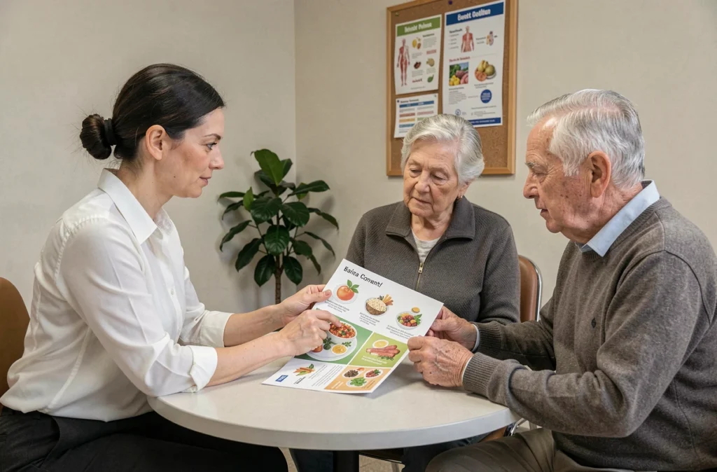 Une nutritionniste conseille un couple de seniors sur une alimentation équilibrée dans un centre de santé communautaire