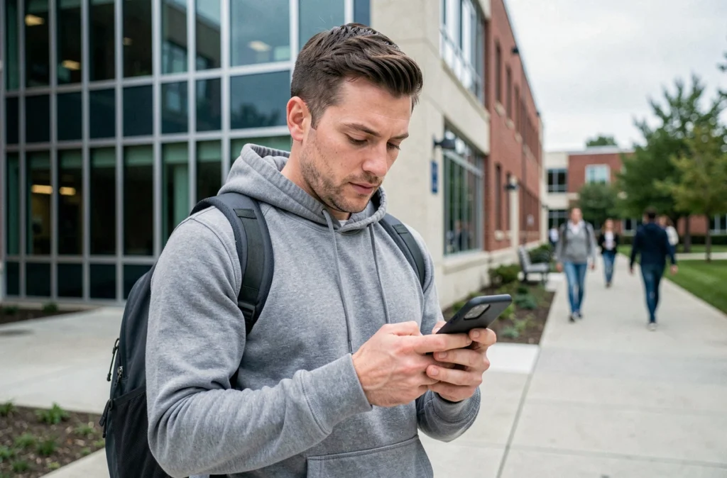 Homme consultant Cristolink UPEC sur mobile en extérieur sur le campus universitaire