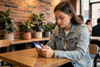 Jeune femme accédant à la plateforme Cristolink UPEC sur son smartphone dans un café moderne