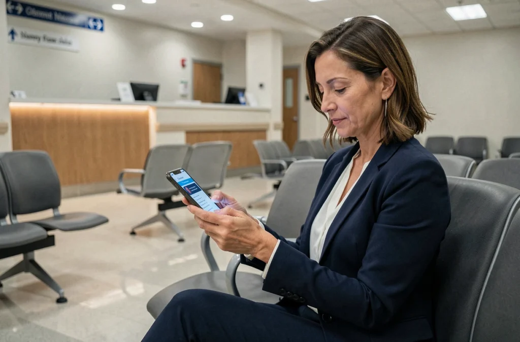 Femme consultant la plateforme de santé Cristolink UPEC sur mobile dans une salle d'attente médicale
