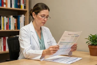Diététicienne professionnelle analysant une fiche nutritionnelle dans son cabinet de consultation moderne