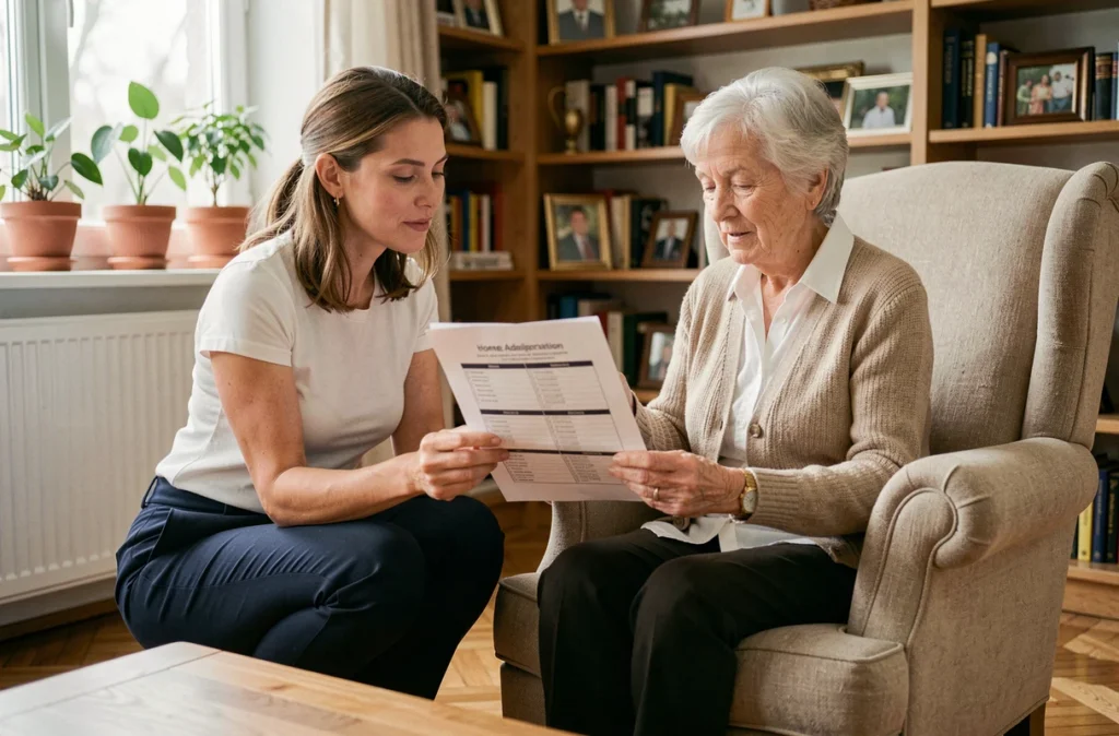 Ergothérapeute et personne âgée évaluant les aménagements nécessaires pour rester vivre à domicile
