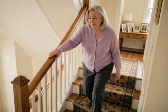 Femme âgée descendant un escalier en toute sécurité grâce à une main courante solide pour prévenir les chutes à domicile