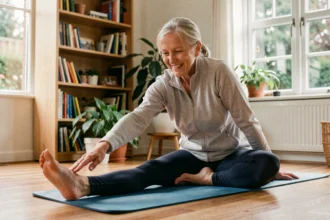 Femme âgée faisant des exercices d'étirement sur un tapis de yoga dans un salon lumineux pour améliorer sa mobilité