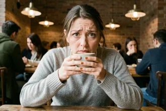 Femme tenant une tasse d'expresso dans un café, expression tendue évoquant les effets stimulants de la caféine sur le corps