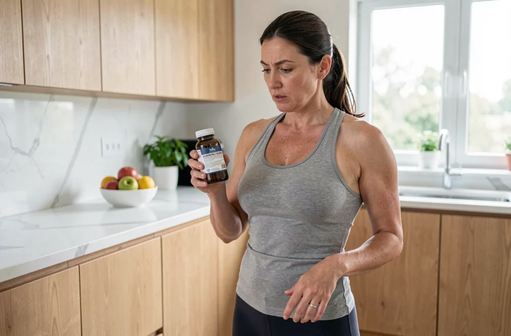 Femme active lisant l'étiquette d'un complément alimentaire minceur dans sa cuisine moderne