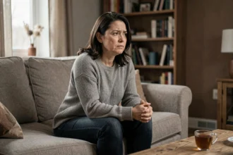 Femme seule et pensive assise sur un canapé, illustrant la complexité émotionnelle du trouble bipolaire