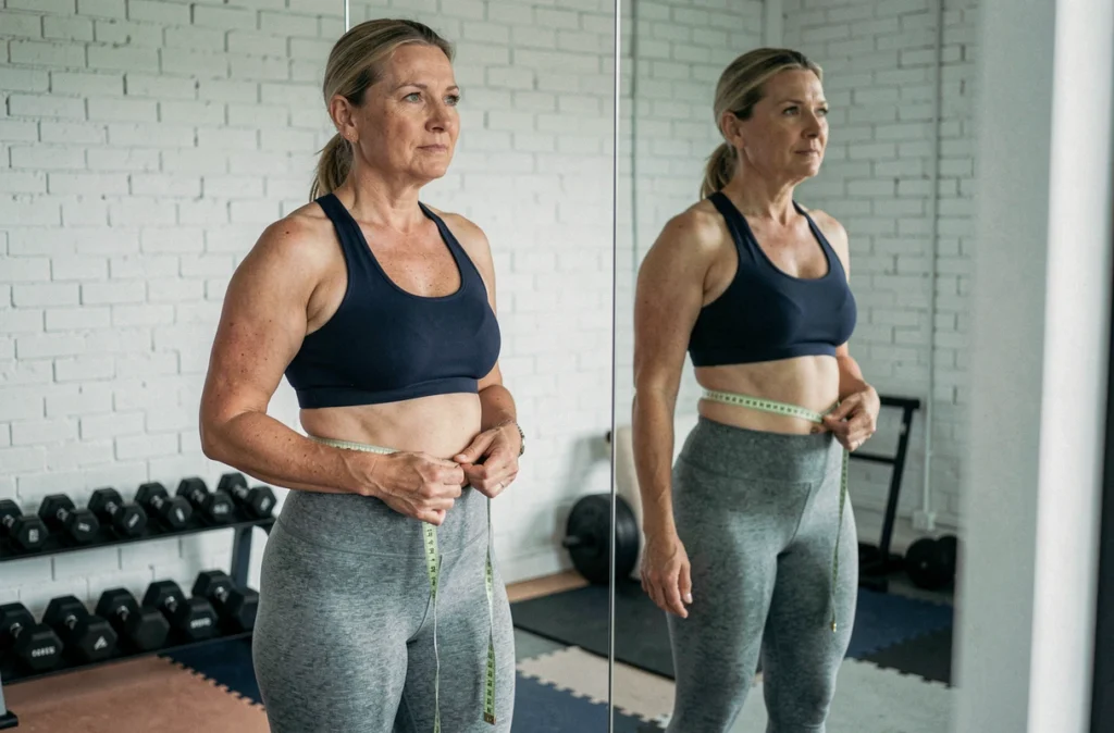 Femme dans une salle de sport à domicile avec un mètre ruban autour de la taille pour évaluer son tour de ventre et ses blocages minceur