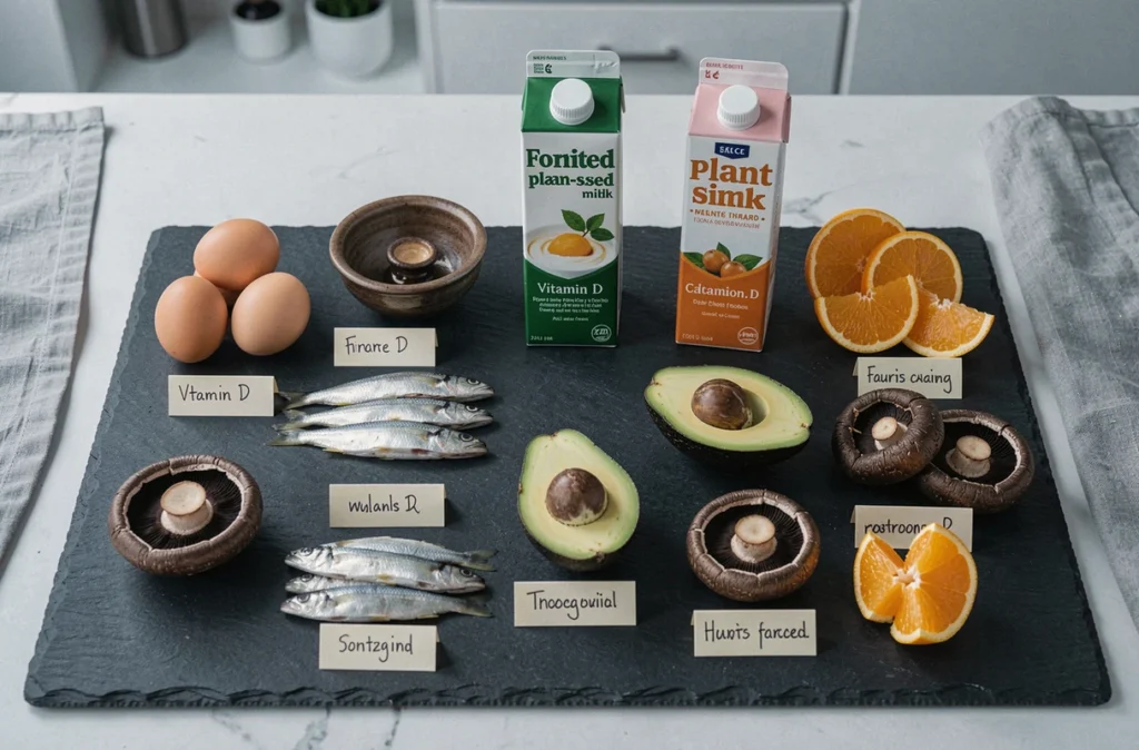 Vue de dessus d'un assortiment d'aliments riches en vitamine D incluant œufs, sardines, champignons et lait végétal enrichi sur ardoise