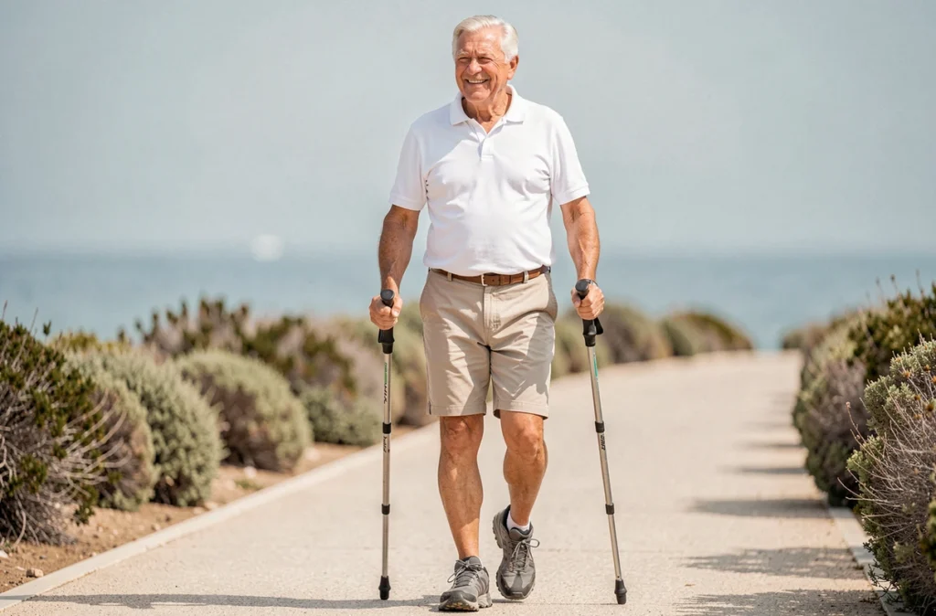 Homme âgé marchant avec des bâtons de marche nordique sur un front de mer, illustrant les bienfaits de l'activité physique régulière pour la mobilité des seniors