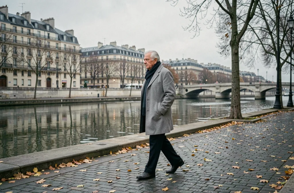 Homme âgé en manteau gris marchant seul au bord de la Seine à Paris en automne, atmosphère méditative et solitaire