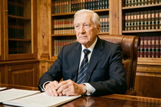 Portrait d'un homme politique âgé en costume sombre assis dans un bureau institutionnel avec des étagères de livres en arrière-plan