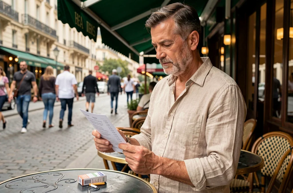 Homme adulte examinant un reçu de prix de cigarettes en terrasse de café parisien avec un paquet posé sur la table