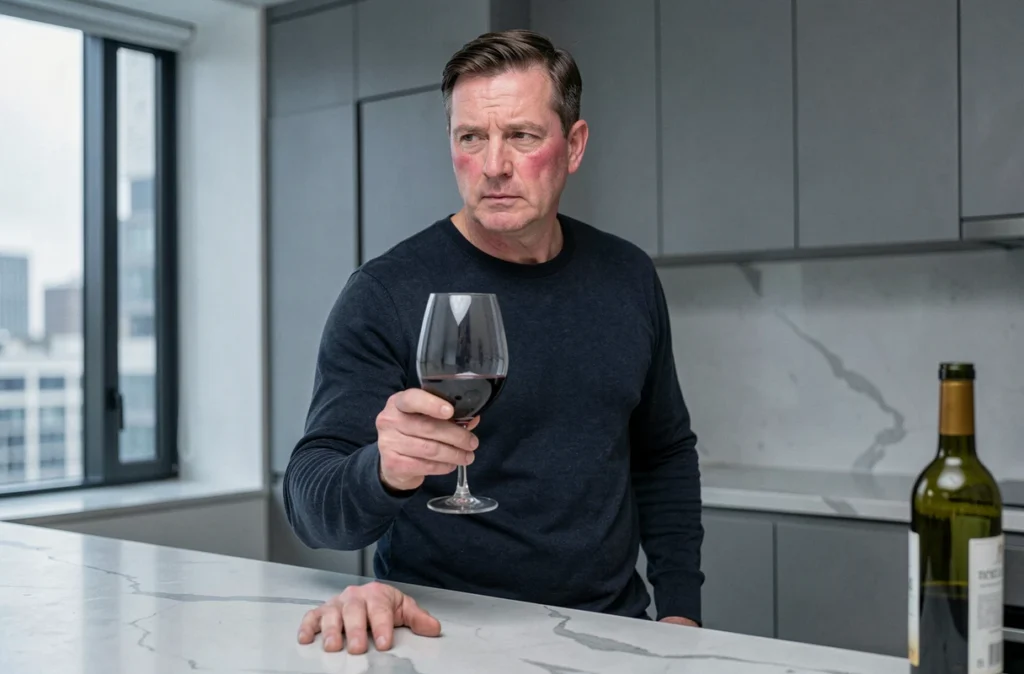 Homme debout dans une cuisine tenant un verre de vin rouge, teint légèrement rougi illustrant les effets de l'alcool sur l'organisme