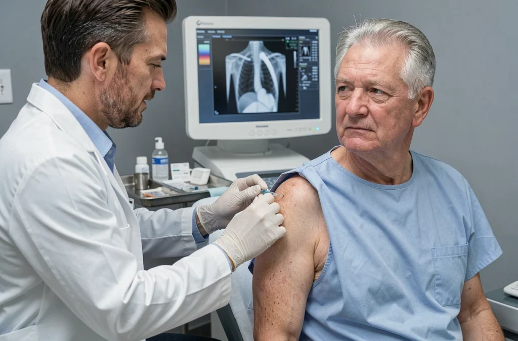 Médecin réalisant une infiltration guidée par échographie pour traiter une fissure du tendon supra épineux en cabinet médical