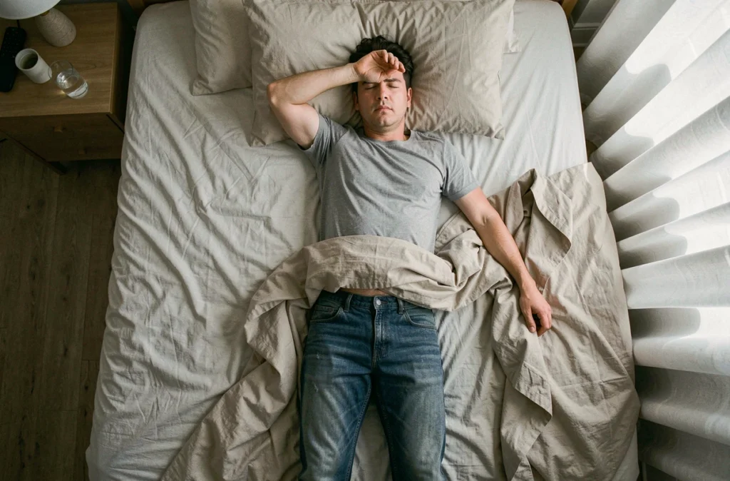 Personne épuisée allongée habillée sur son lit, illustrant l'injonction 'fais un effort, bouge-toi' face à la dépression bipolaire