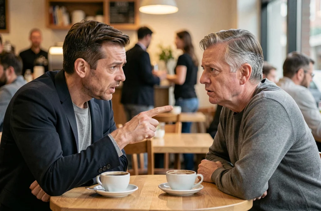 Personne submergée par les injonctions d'un proche dans un café, illustrant les phrases 'tu dois, il faut que' adressées à une personne bipolaire