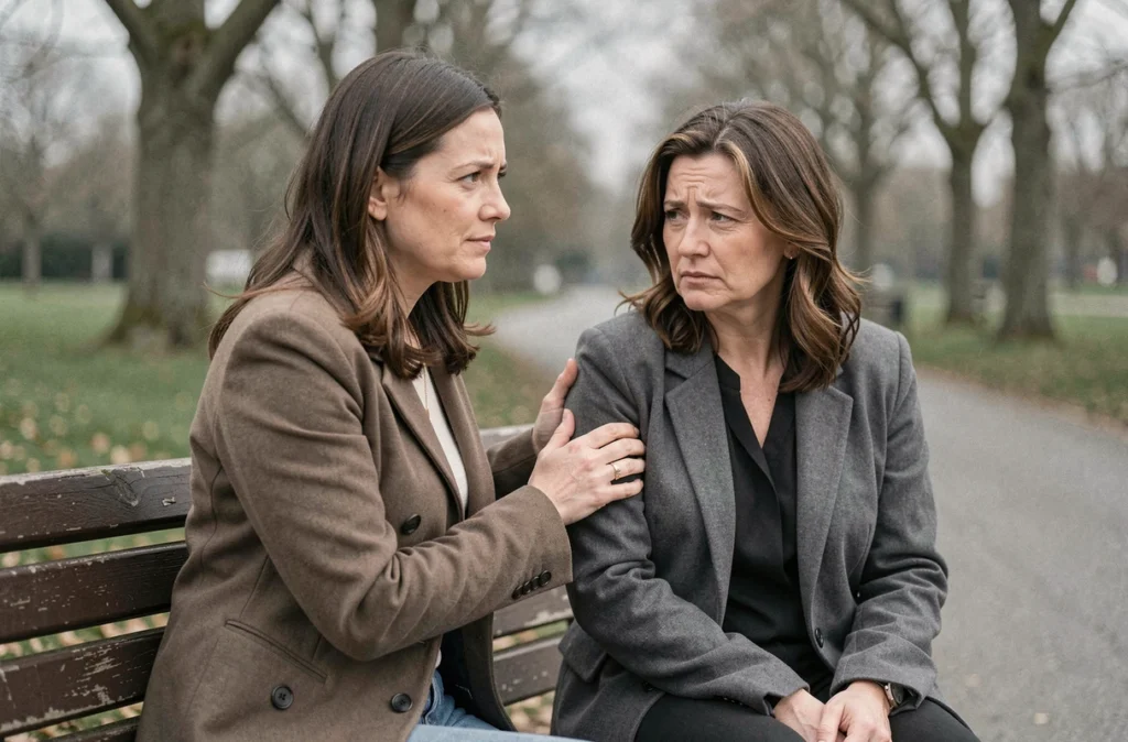 Deux femmes sur un banc de parc, l'une affirmant comprendre l'autre qui se renferme, illustrant la phrase 'je sais ce que tu ressens' dite à une personne bipolaire