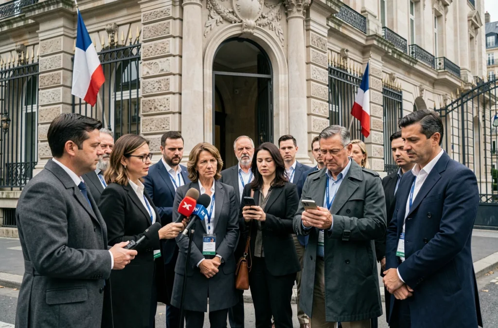 Groupe de journalistes avec microphones rassemblés devant un bâtiment institutionnel néoclassique parisien attendant une déclaration officielle