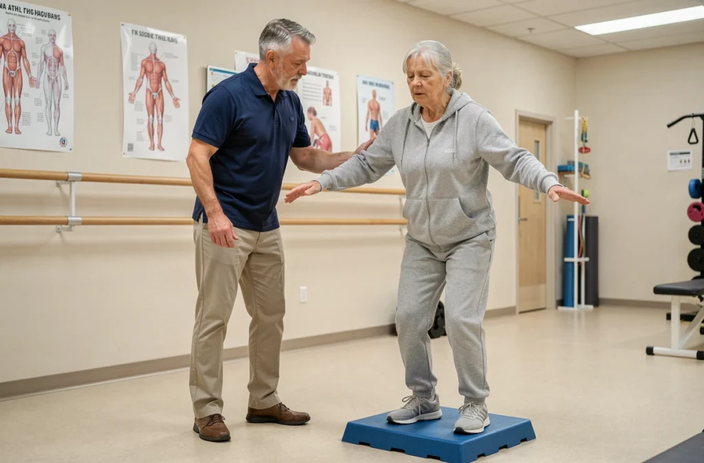 Kinésithérapeute accompagnant une personne âgée dans un exercice d'équilibre pour prévenir les chutes en rééducation