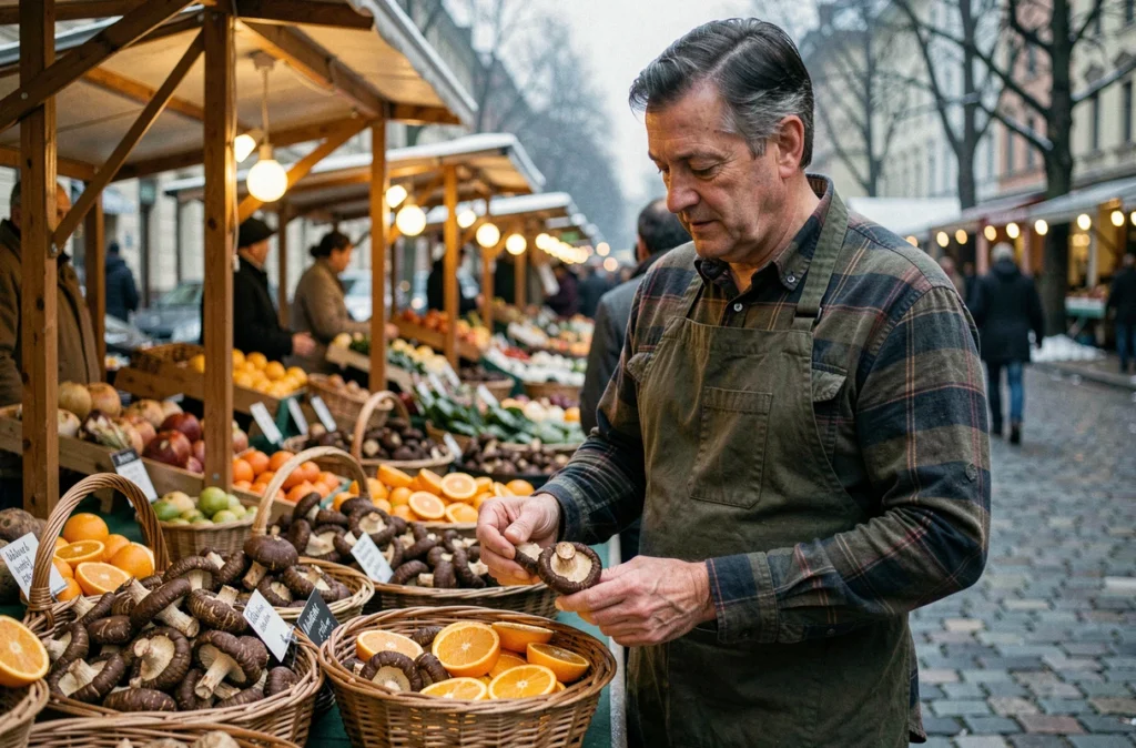 Homme examinant des champignons séchés et des agrumes riches en vitamine D sur un marché hivernal en plein air