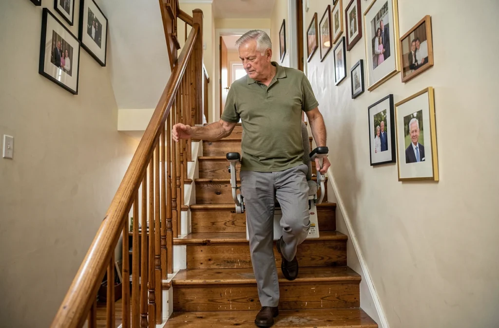 Homme âgé utilisant un monte-escalier dans une maison aménagée pour le vieillissement à domicile