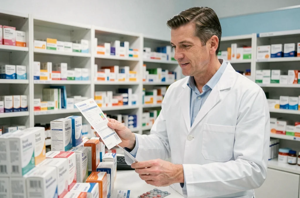 Pharmacien expliquant l'utilisation d'Ultra Levure avec des antibiotiques dans une pharmacie