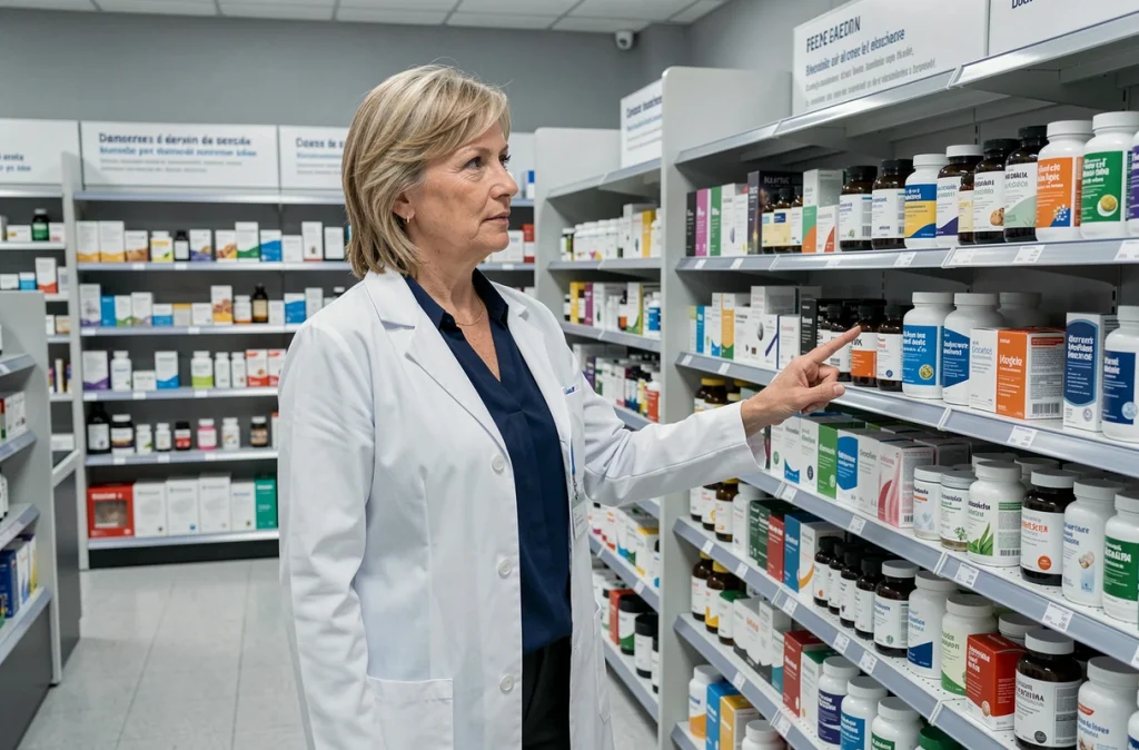 Pharmacienne en blouse blanche présentant des produits amincissants sur les rayons de la pharmacie