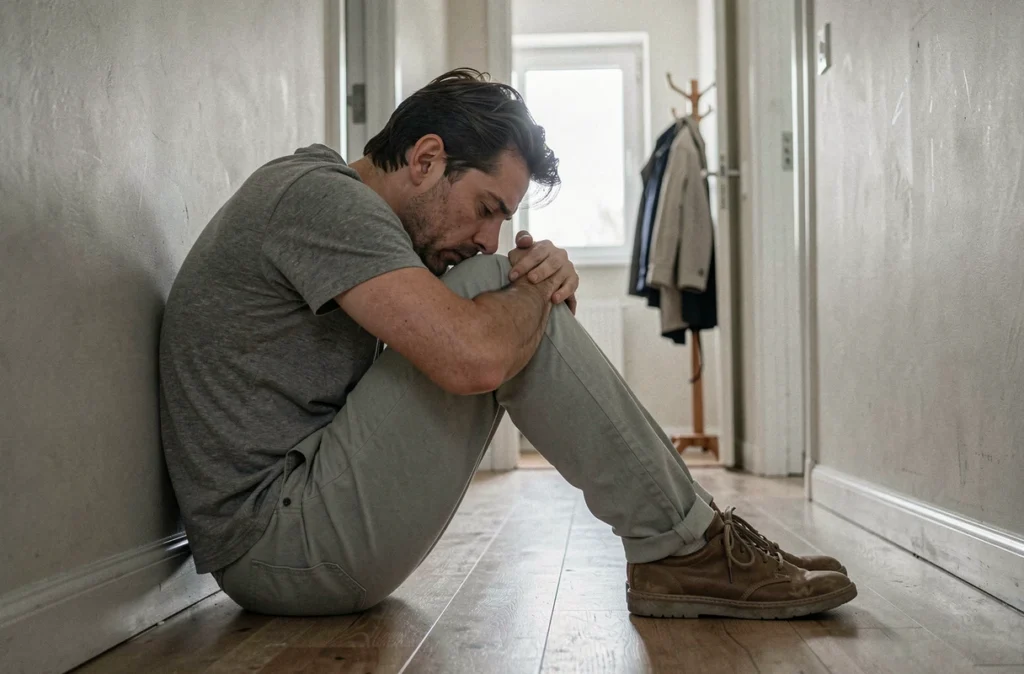 Personne repliée sur elle-même dans un couloir, illustrant l'injonction 'prends sur toi, d'autres ont des problèmes plus graves' face au trouble bipolaire