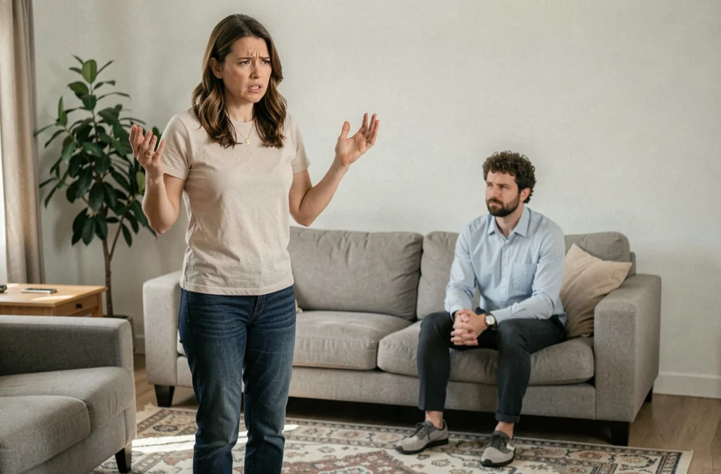Femme exprimant sa frustration pendant qu'un proche la regarde froidement, illustrant l'accusation de réaction disproportionnée chez une personne bipolaire