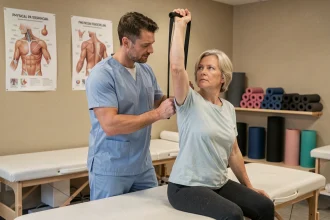 Kinésithérapeute guidant une patiente dans un exercice de rééducation de l'épaule avec bande élastique en cabinet de physiothérapie
