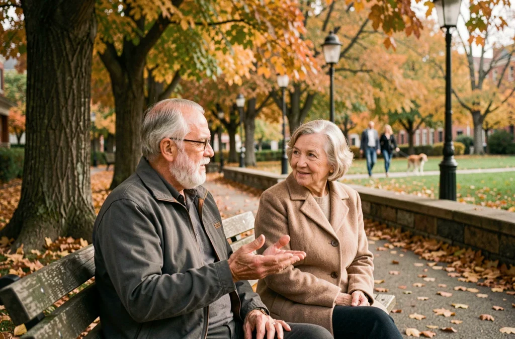 Un homme et une femme retraités discutant sur un banc dans un parc en automne, symbole du lien social et de la lutte contre l'isolement des personnes âgées