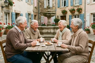 Groupe de retraités attablés en terrasse de café dans un village français, partageant un moment de convivialité et de lien social