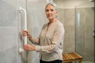 Femme âgée utilisant une barre d'appui dans une salle de bain adaptée pour le maintien à domicile