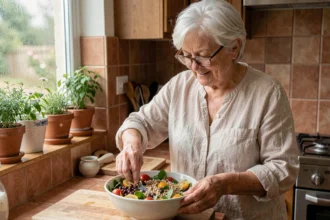 Une femme senior prépare une salade équilibrée et colorée dans sa cuisine, illustrant l'autonomie alimentaire des personnes âgées