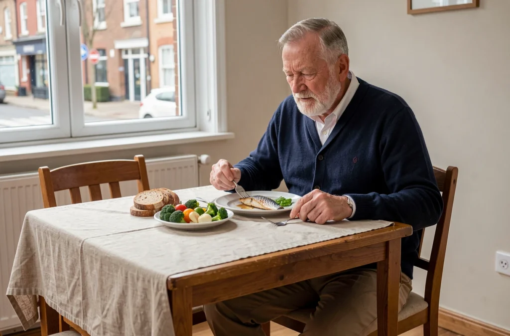 Un homme âgé mange seul un repas équilibré à sa table, symbolisant l'autonomie et la santé nutritionnelle des seniors