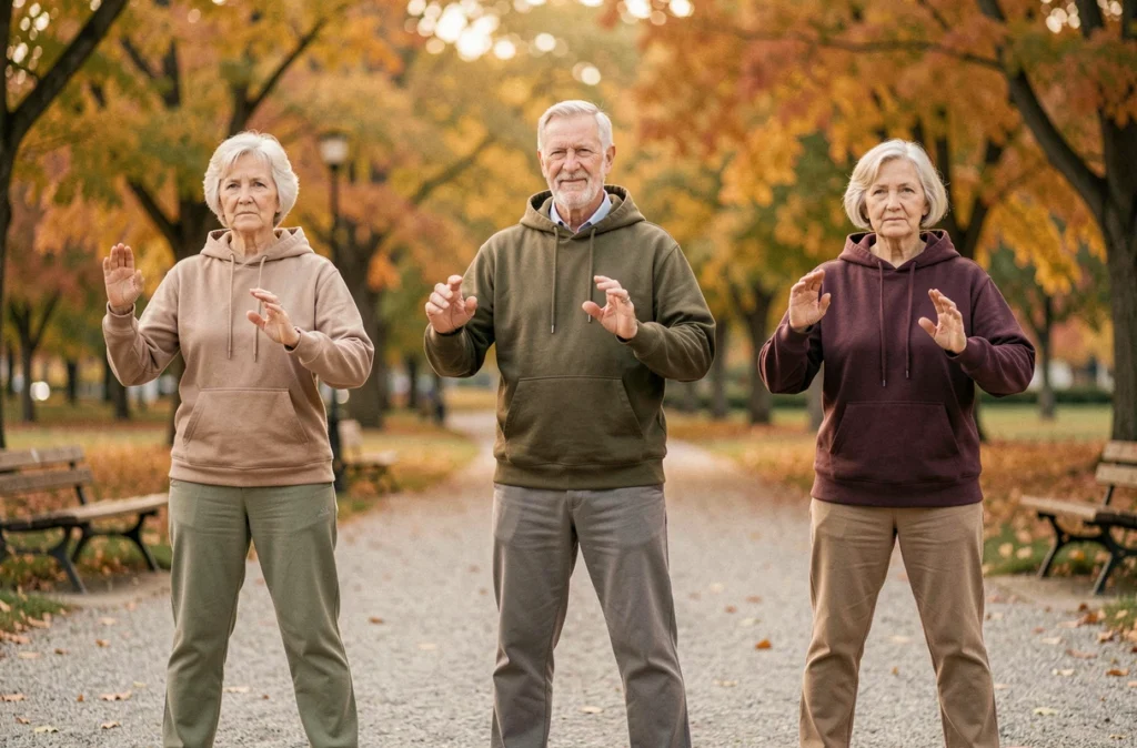 Groupe de seniors pratiquant le tai chi en plein air dans un parc en automne pour maintenir leur mobilité et leur équilibre