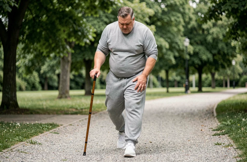 Homme en surpoids marchant avec difficulté dans un parc en raison d'une douleur au genou liée à la tendinopathie de la patte d'oie