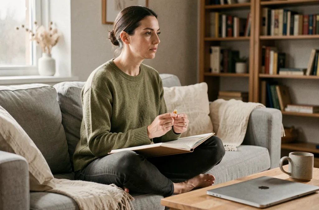 Femme réfléchissant à l'efficacité d'un complément alimentaire minceur dans son salon cosy