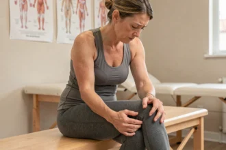 Femme d'âge moyen tenant son genou douloureux en cabinet de kinésithérapie, illustrant la tendinite de la patte d'oie liée au surpoids
