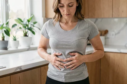 Femme en cuisine tenant son ventre avec les mains, illustrant les différents types de ventre qui freinent la perte de poids