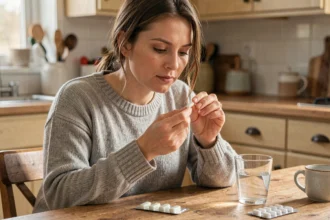 Femme tenant une gélule de levure type Ultra Levure avec des antibiotiques posés sur une table de cuisine en bois