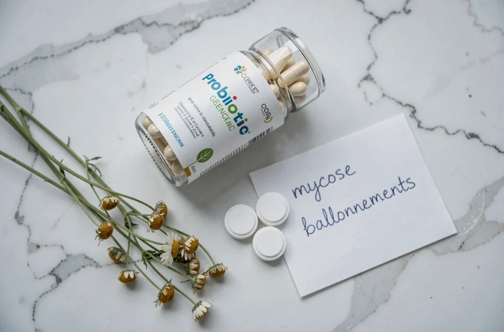 Vue rapprochée de gélules probiotiques Ultra Levure et antibiotiques sur fond marbre blanc avec notes sur mycose et ballonnements