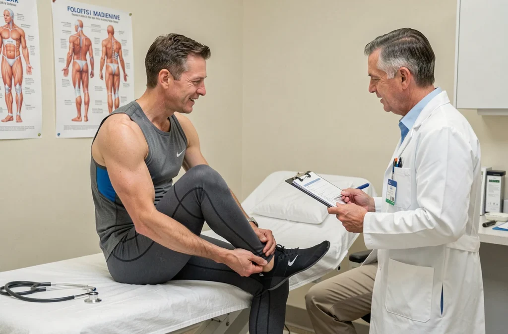 Athlète masculin en consultation médicale sportive montrant sa jambe à un médecin pour des symptômes vasculaires, dépistage d'artères bouchées chez le sportif