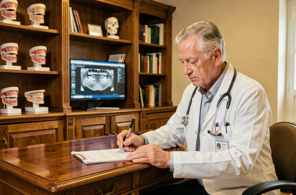 Cabinet du Docteur Girardin à Rouen avec l'orthodontiste examinant des dossiers patients dans un bureau classique